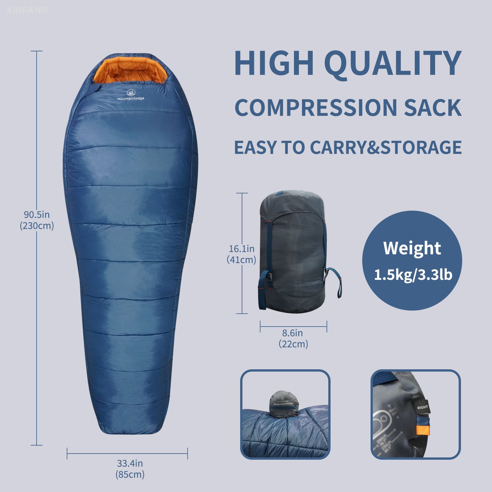 3-4 seasons Blue 3D Shingle Sleeping bag 15 Degree F with Inner Pocket for Adult,Perfect for Backpacking,Traveling and Hiking,including Free Stuff Sack(Right Hand)