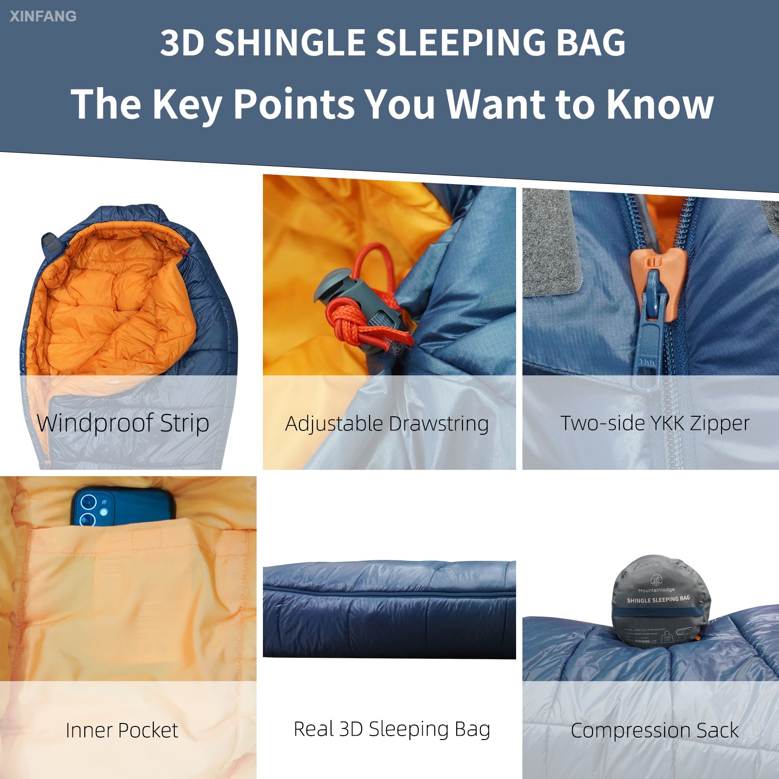 3-4 seasons Blue 3D Shingle Sleeping bag 15 Degree F with Inner Pocket for Adult,Perfect for Backpacking,Traveling and Hiking,including Free Stuff Sack(Right Hand)